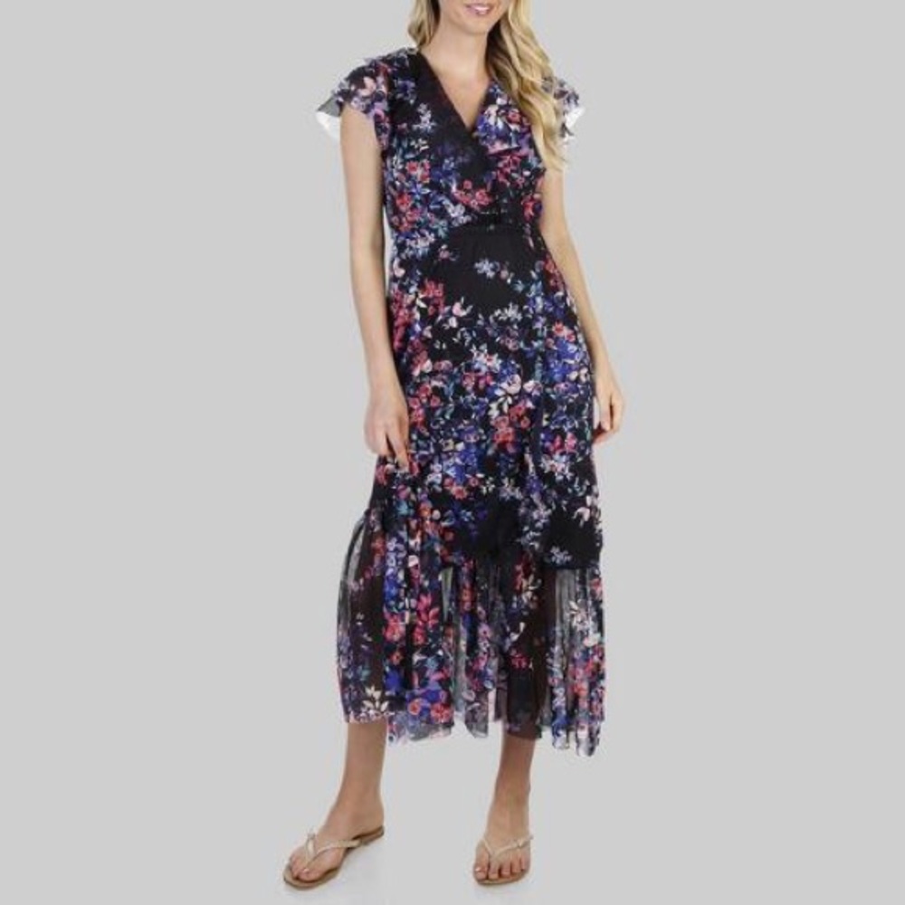 NWT Spense Floral & Ruffle Wrap Maxi Dress- Navy